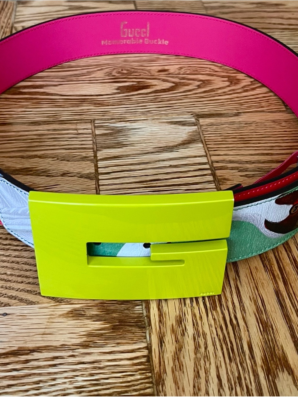 Gucci women Pink & Neon Yellow Logo Buckle Belt